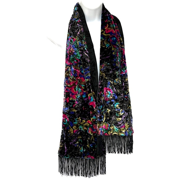 Scarf Emanuel Geraldo Velvet Black Pink Purple Shimmering Fringe Made in Canada - Picture 5 of 6